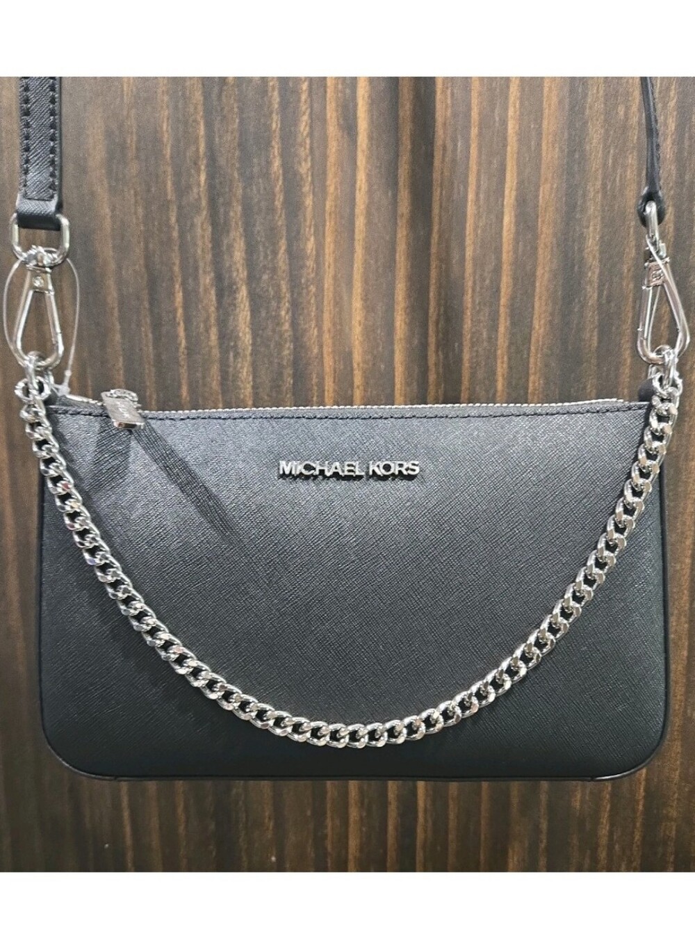Michael Kors Black Saffiano Crossbody with Silver Chain